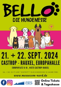 Plakat der Hundemesse BELLO am 21. - 22. September 2024 in Castrop - Rauxel, Europahalle.