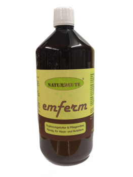 Bild zeigt Naturbeute Emferm 1000 ml in brauner Kunststoffflaschem mit weißem Schraubdeckel.