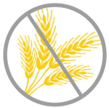 Logo getreidefrei:  4 gelbe Weizenähren, in grauem Kreis und durchgestrichentter:  4 gelbe Weizenähren, in grauem Kreis und durchgestrichen