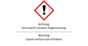 Logo: Warnhinweis "Achtung, verursacht schwere augenreizung" (schwarzes Ausrufezeichen mit roter Raute umrahmt).