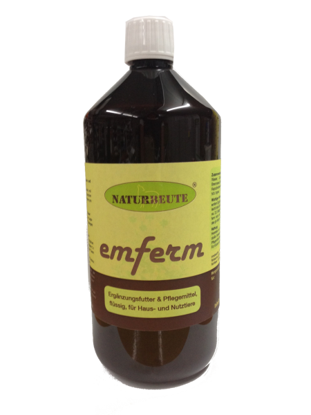 Bild zeigt Naturbeute Emferm 1000 ml in brauner Kunststoffflaschem mit weißem Schraubdeckel.