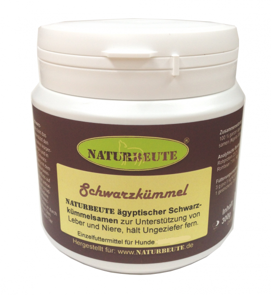 Bild zeigt Naturbeute Schwarzkümmel Samen 300 g in weißer Dose.