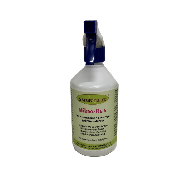 Bild zeigt 500 ml Mikro-Rein Spray in Kunststoff-Flasche mit Sprühaufsatz stehend.