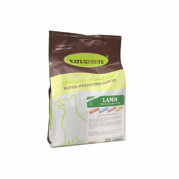 Bild zeigt 1 kg Beutel Naturbeute Premium Hundenahrung Lamm mit Reis, stehend