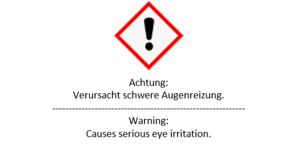 Logo: Warnhinweis "Achtung, verursacht schwere augenreizung" (schwarzes Ausrufezeichen mit roter Raute umrahmt).